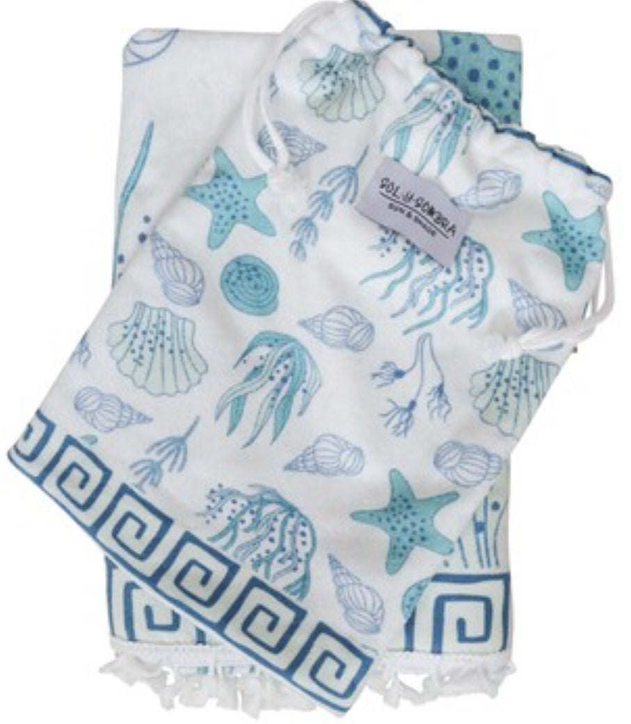 Kids Towel Poncho w Bag - Ocean