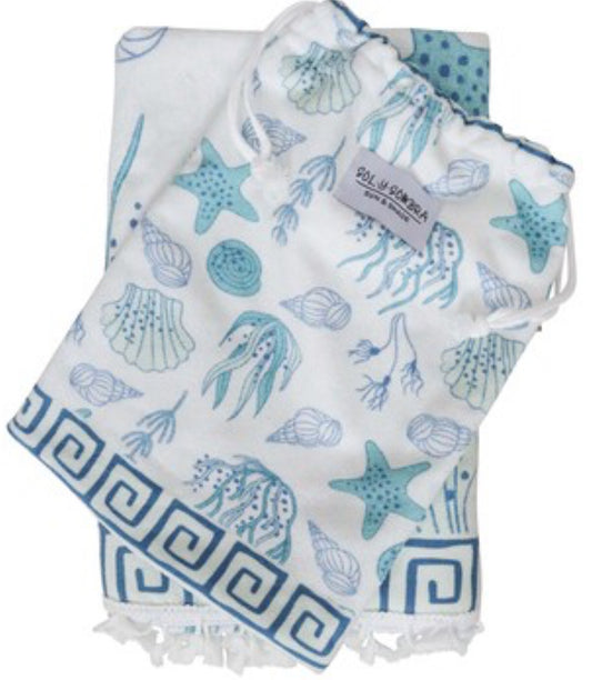 Kids Towel Poncho w Bag - Ocean